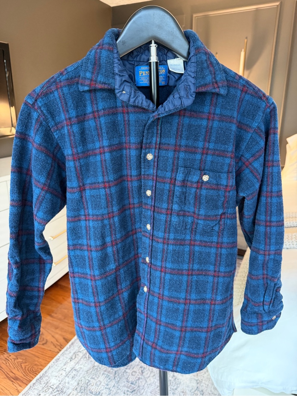 Vintage Pendleton Boys XL 100% Virgin Wool Plaid Shirt Blue Red Made USA
